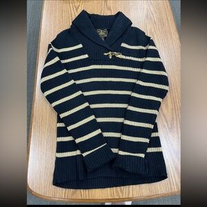 Lauren Ralph Lauren Black Beige Striped Shawl Collar Buckle Sweater Womans M